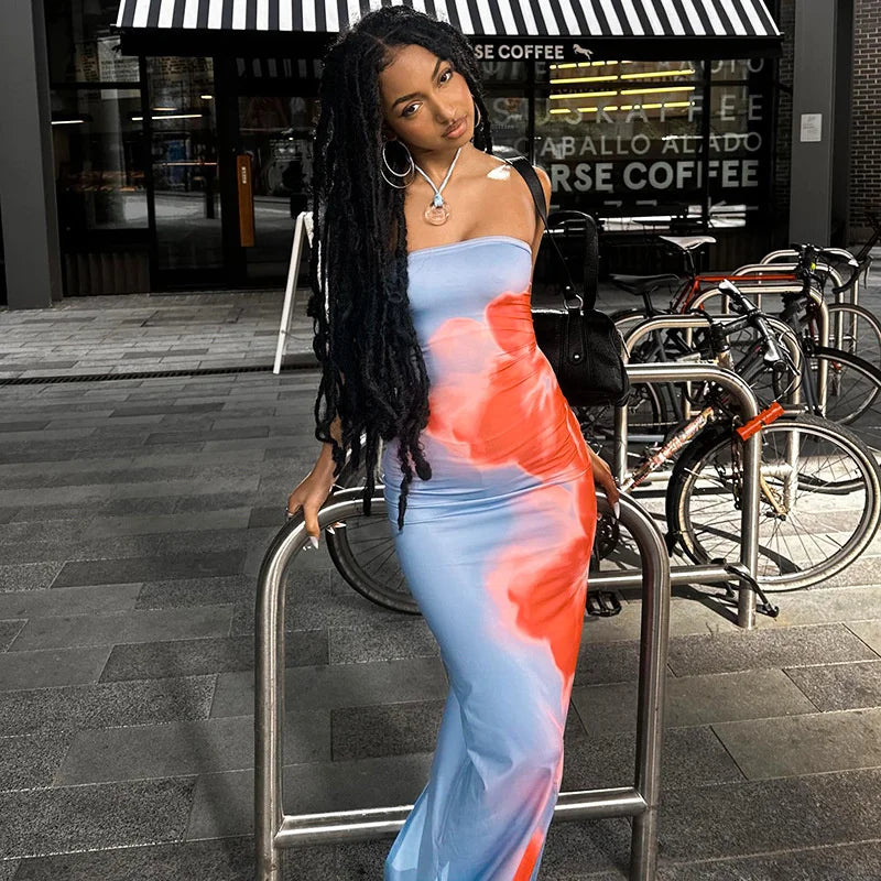Sunset Wave Strapless Maxi Dress
