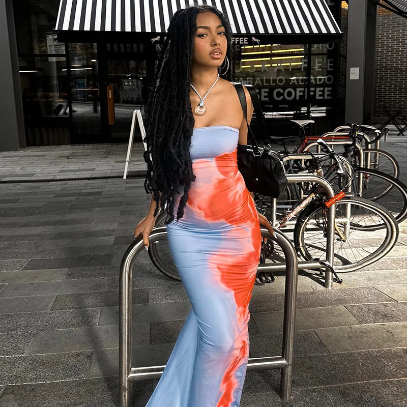 Sunset Wave Strapless Maxi Dress